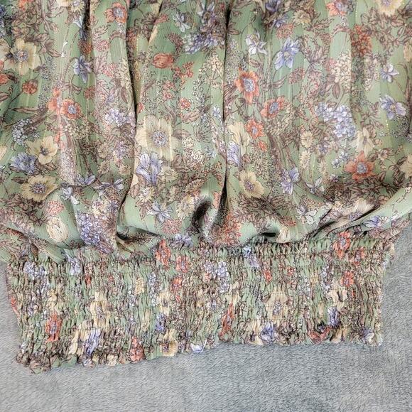 Green Puff Sleeve Blouse Small Button Front Ruched Soft Girl - Picture 8 of 10